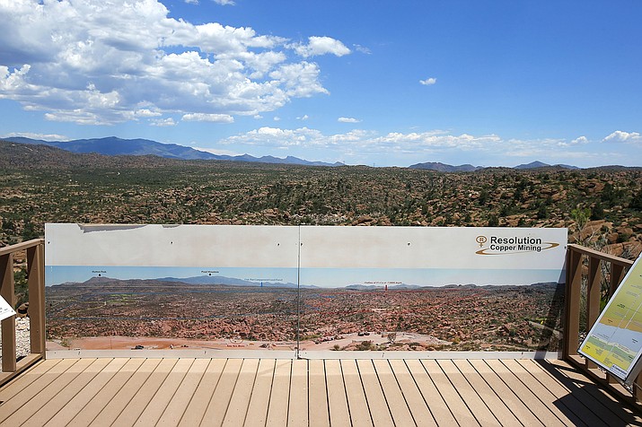 This June 15, 2015, file photo shows in the distance, part of the Resolution Copper Mining land-swap project in Superior, Ariz. A group of Apaches who have tried for years to reverse a land swap in Arizona that will make way for one of the largest and deepest copper mines in the U.S. sued the federal government Tuesday, Jan. 12, 2021. Apache Stronghold argues in the lawsuit filed in U.S. District Court in Arizona that the U.S. Forest Service cannot legally transfer land to international mining company Rio Tinto in exchange for eight parcels the company owns around Arizona. (AP Photo/Ross D. Franklin, File)