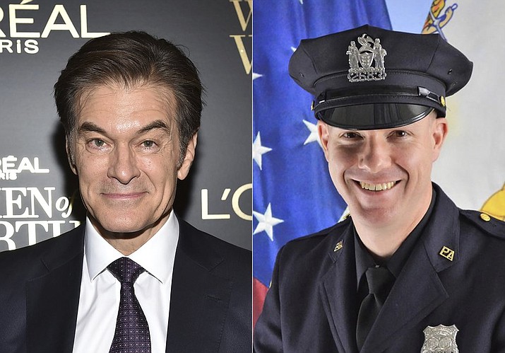 This combination photo shows TV personality Dr. Mehmet Oz at the 14th annual L'Oreal Paris Women of Worth Gala in New York on Dec. 4, 2019, left, and Port Authority Officer Jeffrey Croissant. Oz and Croissant came to the aid of a traveler and performed CPR at Newark Liberty International Airport, Monday night, March 1, 2021. (AP Photo, left, and Port Authority of New York & New Jersey via AP)
