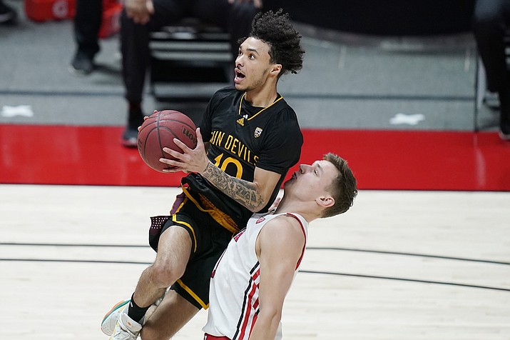 Arizona State guard Jaelen House (10) goes to the basket as Utah guard Pelle Larsson defends in the first half Saturday, March 6, 2021, in Salt Lake City. (Rick Bowmer/AP)