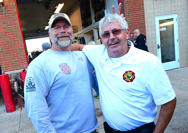 Jerome Fire Chief Rusty Blair, right, and Police Chief Allen Muma pose for a photo in 2016 at the Jerome Fire Department’s Annual Picnic and Potluck. The two long-time chiefs perform administrative duties, respond to emergency calls and live among the community they serve. VVN/Vyto Starinskas
