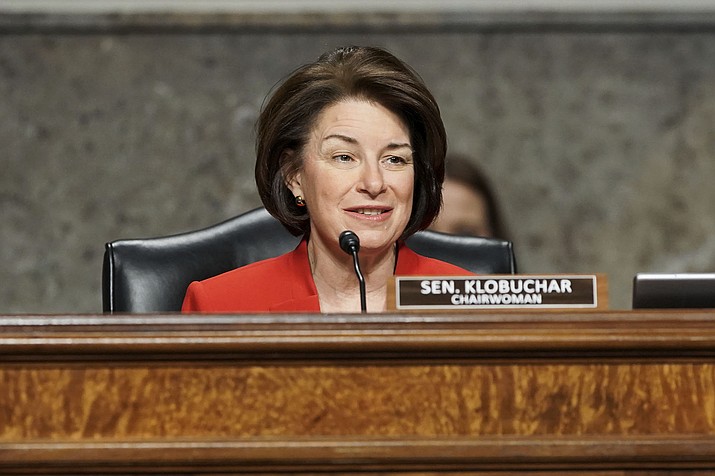 Sen. Amy Klobuchar, D-Minn., speaking during a Senate Committee on Homeland Security and Governmental Affairs and Senate Committee on Rules and Administration joint hearing Wednesday, March 3, 2021, has put forward expansive legislation to overhaul antitrust law. (Greg Nash/Pool via AP)