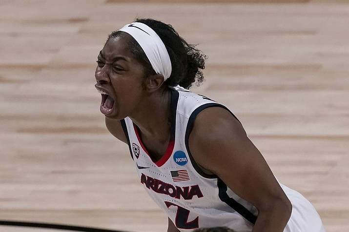 Arizona guard Aari McDonald celebrates after making a basket during the first half of a college basketball game against Stony Brook in the first round of the women's NCAA tournament at the Alamodome in San Antonio, Monday, March 22, 2021. (Charlie Riedel/AP)