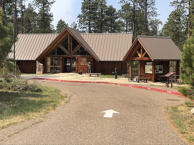 Firefighters worked to protect the Kaibab Plateau Visitor Center during the 2020 Mangum Fire.