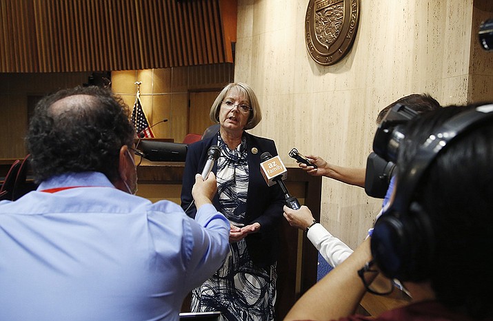 In this May 26, 2020, file photo, Arizona Senate President Karen Fann, R-Prescott, speaks to the media in Phoenix. Maricopa County’s elected leaders aren’t interested in allowing a firm led by a backer of unfounded election fraud theories to use county facilities to recount 2.1 million ballots from November's election as part of an audit that Arizona Senate’s Republican leaders plan to conduct.(Ross D. Franklin, AP File)
