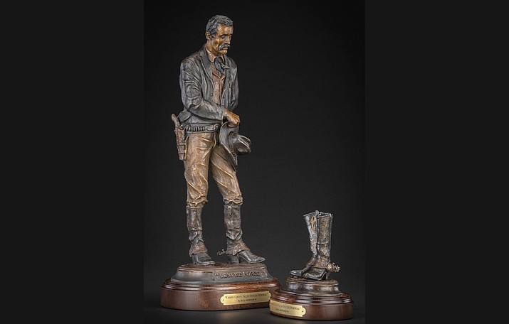 Pictured here is a miniature of the first-ever Yavapai County Fallen Officer Memorial created by Prescott artist Bill Nebeker. The full-size version will be unveiled in a ceremony at 2 p.m. Saturday, May 1, on the Yavapai County Courthouse plaza — north side. The ceremony will honor the 18 law enforcement officers who have been killed in the line of duty in the history of Yavapai County. A time of introductions will be from 1 to 2 p.m. (Bill Nebeker/Courtesy)