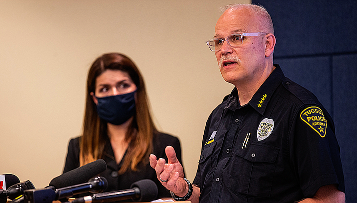 Tucson Police Chief Chris Magnus, right, and Mayor Regina Romero at a news conference in June. Even though Magnus has no federal law enforcement experience, President Joe Biden on Monday nominated him to be the next commissioner of Customs and Border Protection. (Photo by Josh Galemore/Arizona Daily Star)