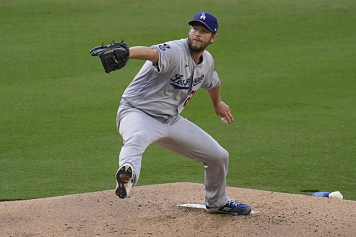 Los Angeles Dodgers starting pitcher Clayton Kershaw works against a San Diego Padres batter during the first inning of a baseball game Saturday, April 17, 2021, in San Diego. (Gregory Bull/AP)