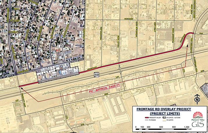 This map shows the section of Highway 69 frontage road between Glassford Hill Road and Prescott East Highway that looks to get $318,000 of improvements. (Town of Prescott Valley)