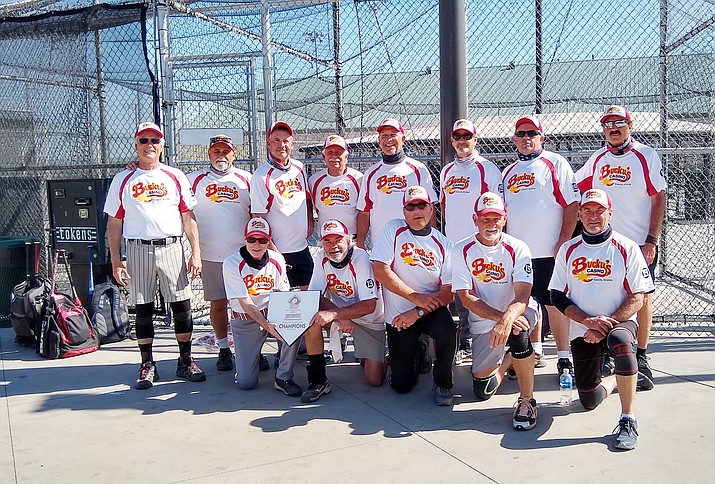 Team members for Bucky’s Casino Senior Softball club from Prescott pose for a photo after claiming the Southwest Championships Tournament title in Las Vegas on Sunday, April 18, 2021. (Bucky’s Casino Senior Softball Club/Courtesy)