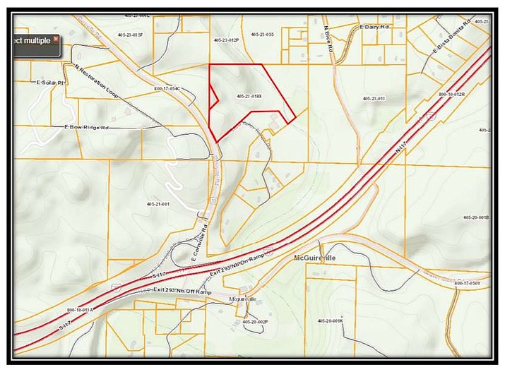 This zoning map shows where landowners want to change rural residential zoning to match industrial zoning in the McGuireville area. I-17, on this map, is the double line running diagonally near the bottom. Thursday, the Yavapai County Planning and Zoning Commission recommended Supervisors’ approval of zoning change, 5-4. Courtesy of Yavapai County