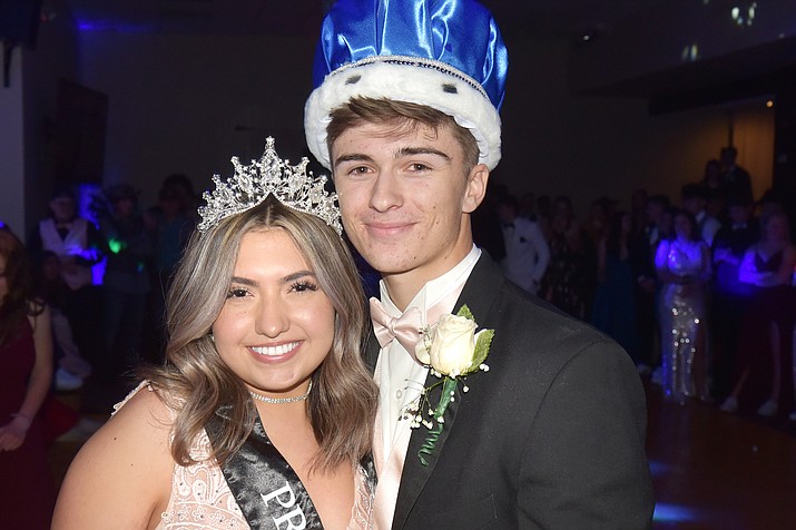 Prom King and Queen Jason Ehelert, 18, and Cassandra Greene, 17, accept their crowns at the Chino Valley High School Prom, which was held at Prescott Vibes Event Center on Saturday, May 8, 2021. (Jesse Bertel/Review)