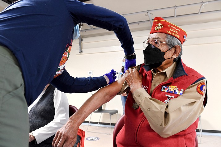Navajo Code Talker Peter MacDonald receives a vaccine shot at Tuba City Regional Health Care Corp. MacDonald said the vaccine is the beginning of the end to the pandemic said everyone should get one. (Photo courtesy Tuba City Regional Health Care Corp.)