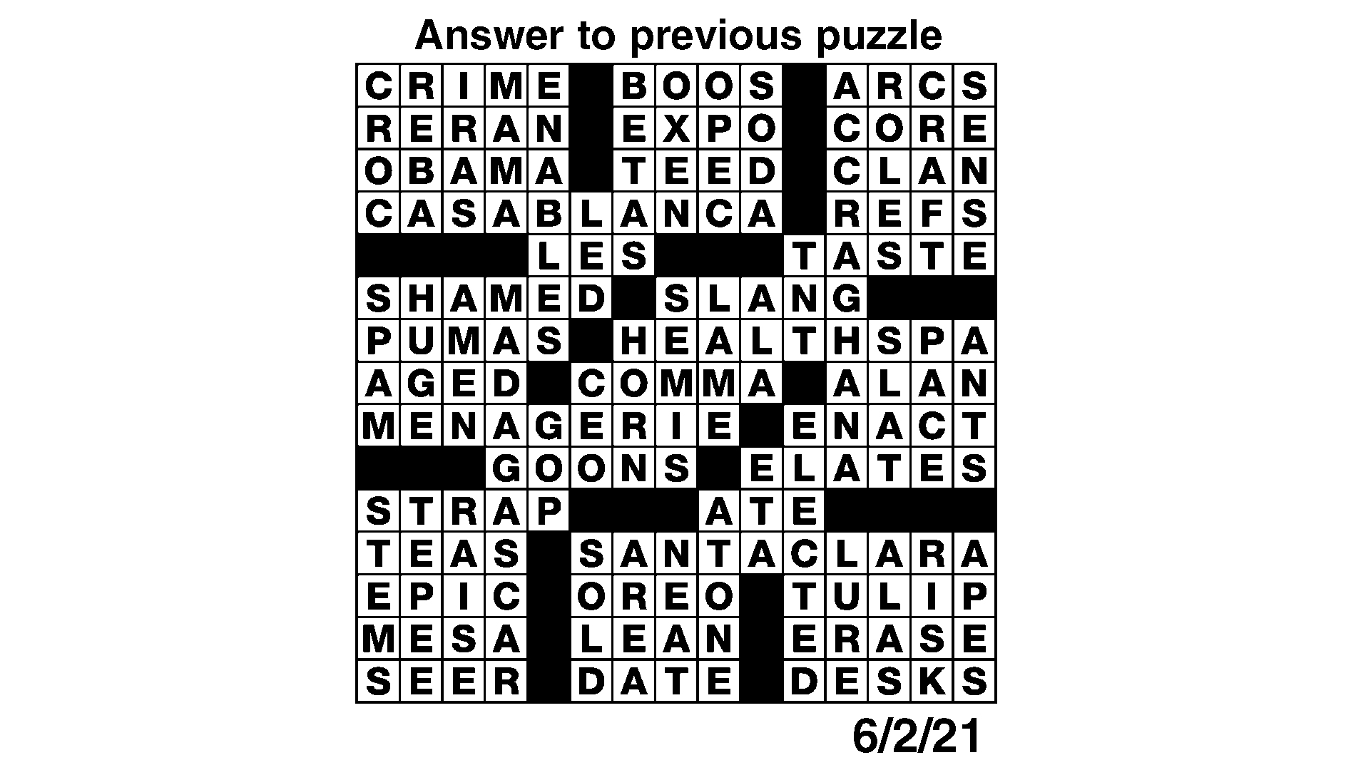 Corrected crossword puzzle solution for June 2 The Daily Courier