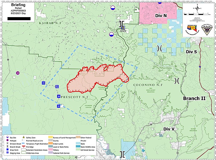 The Rafael Fire has grown to 24,191 acres, as of the Prescott National Forest Wednesday morning, June 23, 2021, report. It is 4 miles north of Perkinsville, Arizona, and near Sycamore Canyon, moving north-northeast. It is zero-percent contained. (PNF/Courtesy)