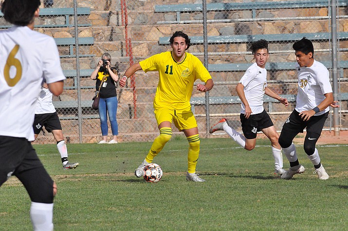 Yavapai College men’s soccer sophomore forward Tucker Fenton (11) this past week was named a National Junior College Athletic Association (NJCAA) Division I first team All-American. Fenton became the 43rd Roughriders soccer player to earn NJCAA All-American honors since the program was established in 1989 under former coach Mike Pantalione. (Yavapai Athletics/Courtesy)
