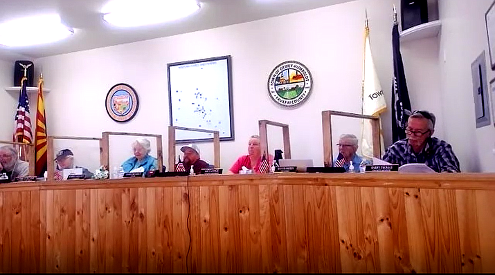 Dewey-Humboldt Town Council’s current members, from left, include Mark McBrady and Lynn Collins, Vice Mayor Karen Brooks, Mayor John Hughes, and Amy Lance, Glen Blomgren and Barry Thomas. Brooks, Collins and Lance face a recall election on Aug. 3. (Town of Dewey-Humboldt/Courtesy)