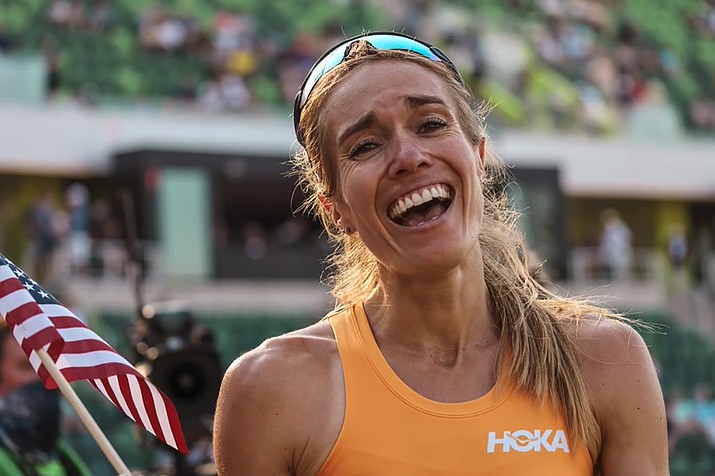 Rachel Schneider finished the 5,000 meters with a time of 15:29:56 at the Olympic Trials to qualify for the 2021 Tokyo Olympics. (Justin Britton)