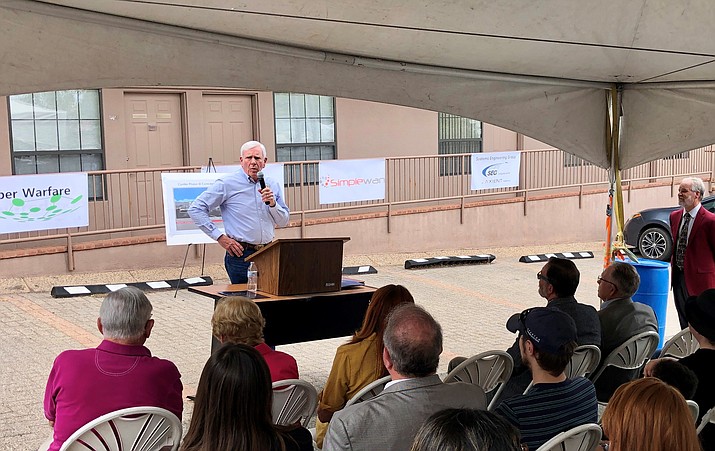 Yavapai County Supervisor Harry Oberg speaks to a crowd of more than 75 people at the June 13, 2021, ribbon-cutting ceremony for the new Center for the Future business-incubator program in downtown Prescott. Oberg initially became interested in the idea when he served as Prescott’s mayor (2015-17). (Cindy Barks/Courier)