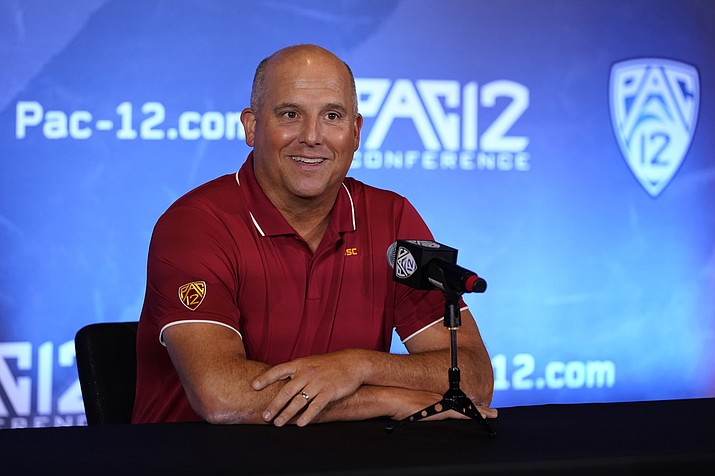 USC head coach Clay Helton answers questions during the Pac-12 Conference NCAA Media Day Tuesday, July 27, 2021, in Los Angeles. (Marcio Jose Sanchez/AP)