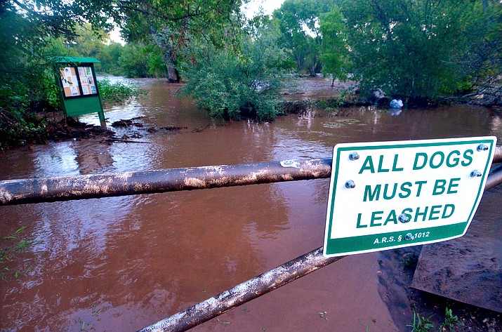 Comanche Drive was flooded over because of the swelling Verde River early Thursday, Aug. 19, 2021. (Vyto Starinskas/Independent)