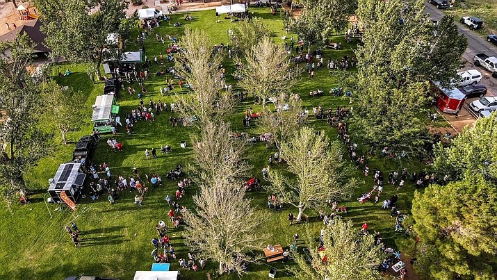This aerial shot shows the Food Truck Festival that was hosted by the Town of Chino Valley on Saturday, Aug. 14, 2021, at Memory Park. Several hundred people attended the free event that featured 12 food trucks from the Quad Cities and live music. (Town of Chino Valley/Courtesy)