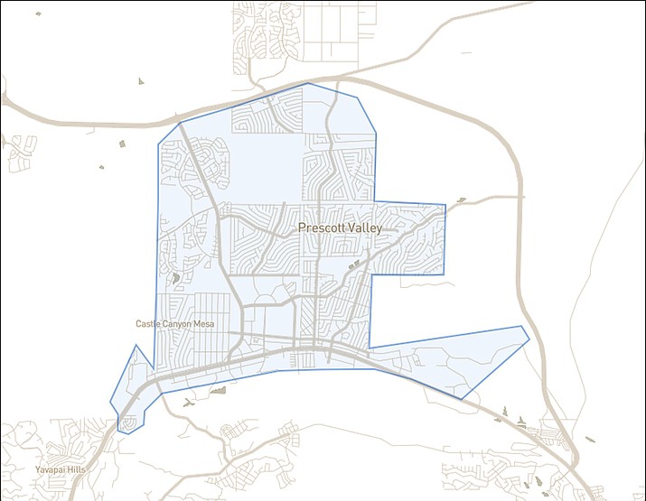 In the beginning, Prescott Valley’s proposed micro-transit area of coverage under Phase 1 calls for one town-owned vehicle and one non-dedicated taxi/livery company vehicle to serve a 14-square-mile zone (as shown here) with a 15-minute wait time for rides. Each town-owned, front-wheel drive vehicle would be a wheelchair-accessible van with room for eight passengers and two wheelchairs. Town officials expect more specifics on the program to be announced in September. (Town of Prescott Valley/Courtesy)