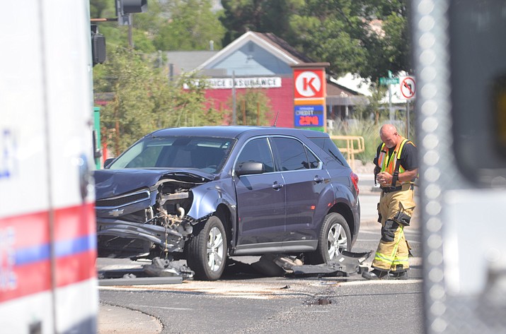 Two female passengers, a 3-year-old and a 7-year-old were transported to the Verde Valley Medical Center in Cottonwood with minor injuries after a two-vehicle accident at the intersection of Main Street and East Mingus Avenue on Saturday, Aug. 21, 2021, according to the Cottonwood Police Department. Officers determined that one of the vehicles traveling south on Main Street ran a red light prior to it being struck by a vehicle on Mingus Avenue, police said. (Vyto Starinskas/Independent)