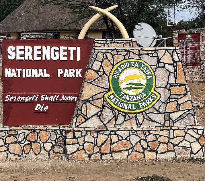 Shown is the entrance sign for Serengeti National Park, Tanzania, Africa. (Eric Moore/Courtesy)