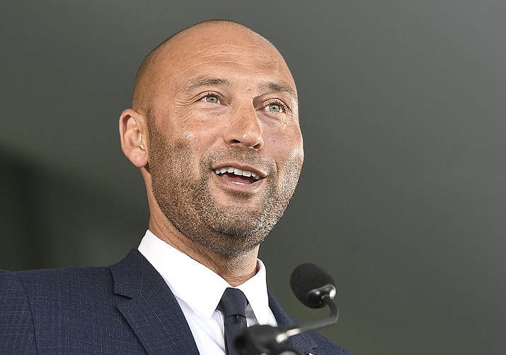 Hall of Fame inductee Derek Jeter speaks during an induction ceremony at the Clark Sports Center on Wednesday, Sept. 8, 2021, at the National Baseball Hall of Fame in Cooperstown, N.Y. (Hans Pennink/AP)