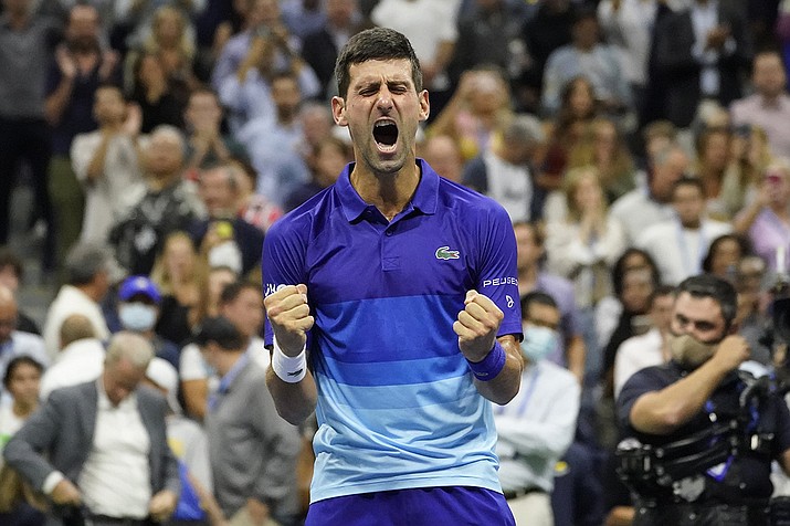 Novak Djokovic, of Serbia, reacts after defeating Alexander Zverev, of Germany, during the semifinals of the US Open tennis championships, Friday, Sept. 10, 2021, in New York. (Elise Amendola/AP)