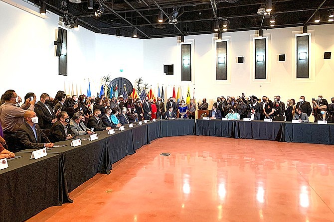 Tribal leaders and members were present for the signing of House Bill 2772 and the amended Tribal-State Gaming Compact by Gov. Doug Ducey. (Photo/Alina Nelson, Cronkite News)