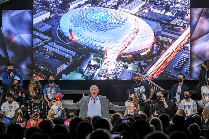 Los Angeles Clippers chairman Steve Ballmer speaks during a groundbreaking ceremony of the Intuit Dome, Friday, Sept. 17, 2021, in Inglewood, California. The Clippers' long-awaited, $1.8 billion, the privately funded arena is officially named Intuit Dome. The practice facility, team offices for both business and basketball operations, retail space, and more will all be on the site when it opens in 2024. (Ringo H.W. Chiu/AP)