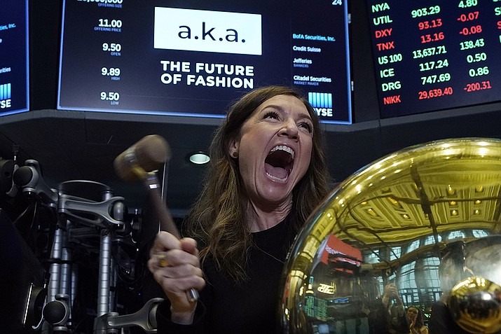 A.k.a Brands CEO Jill Ramsey rings the ceremonial first trade bell as her company's stock begins trading, on the floor of the New York Stock Exchange, Wednesday, Sept. 22, 2021. (Richard Drew/AP)