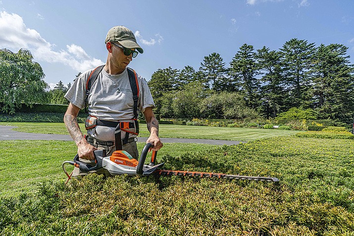 This undated image released by the New York Botanical Garden shows Tyler Campbell using an electric hedgetrimmer to trim hedges at the New York Botanical Garden in the Bronx borough of New York. (Marlon Co/New York Botanical Garden via AP)