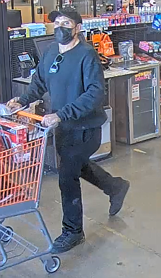 Surveillance footage from The Home Depot in Prescott Valley depicts the suspect of a burglary and credit card fraud incident that took place on Sept. 10, 2021. (Surveillance footage via YCSO/Courtesy)