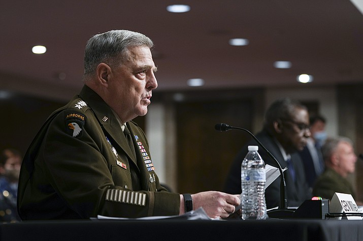 Chairman of the Joint Chiefs of Staff Gen. Mark Milley speaks during a Senate Armed Services Committee hearing on the conclusion of military operations in Afghanistan and plans for future counterterrorism operations, Tuesday, Sept. 28, 2021, on Capitol Hill in Washington.. (Sarahbeth Maney/The New York Times via AP, Pool)