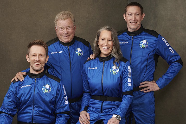 This undated photo made available by Blue Origin in October 2021 shows, from left, Chris Boshuizen, William Shatner, Audrey Powers and Glen de Vries. Their launch scheduled for Wednesday, Oct. 13, 2021 will be Blue Origin’s second passenger flight, using the same capsule and rocket that Jeff Bezos used for his own trup three months earlier. (Blue Origin via AP)