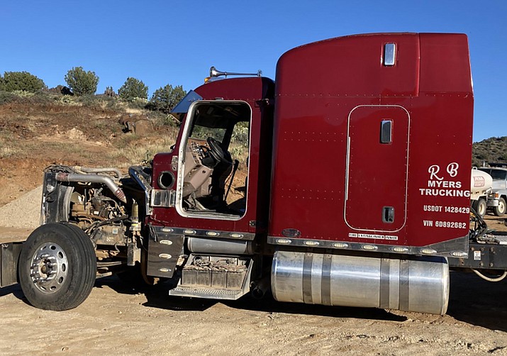 The hood, doors, exhaust stacks, and other cosmetic items were stripped from this red 2006 Peterbilt 379 semi truck at the Blue Bell Mine in Mayer between Oct. 10 and 13. The estimated loss from this crime was over $65,000.