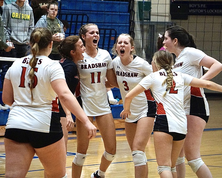 Bradshaw Mountain volleyball celebrates after scoring a point during a match against Prescott on Tuesday, Oct. 5, 2021, at Prescott’s Dome Gym. (Aaron Valdez/Courier)