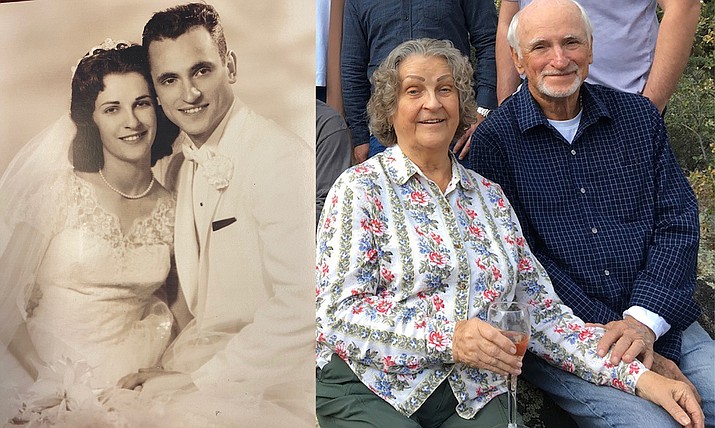 Dorothy and Edward Kalabus will celebrate their 60th wedding anniversary Oct. 28. The couple was married at Immaculate Conception Church in Irwin, Pennsylvania in 1961. They have been blessed with three children, Cassandra White, Michele Genovese (Anthony Genovese) and Bo Kalabus (Kory Jones); three grandchildren, Jack White (Sarah White), Susan White and Michael Genovese; and three great- grandchildren, Kassandra, Worth and Cadence White.
Edward is still working as a flight instructor with Leighnor Aircraft, and Dorothy is a volunteer at YRMC, and has been for over 40 years. This couple has shown their family year after year what it takes to make love last. Anyone can fall in love, but not everyone can stay in love. The family wishes them a happy 60th wedding anniversary, and loves them very much. The couple is shown then and now. (Courtesy photos)