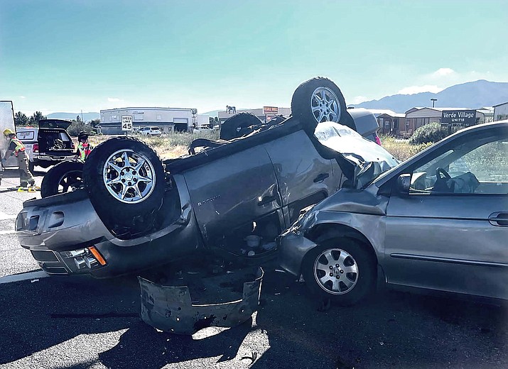 The Verde Valley Fire District crews responded to a two-vehicle accident early Monday morning, Oct. 25, 2021, in the intersection of State Route 260 and Western Drive in Cottonwood. Firefighters and EMS crews had to extricate one patient with multiple injuries, according to the VVFD. That patient was flown to the hospital for treatment, the fire department said. (VVFD/Courtesy)