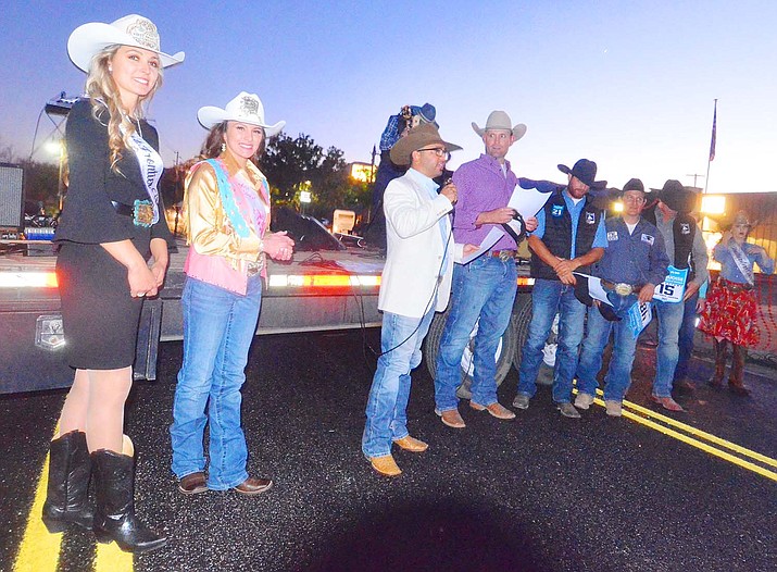 Turquoise Circuit Rodeo Finals contestants were introduced during Camp Verde block party Thursday night, Nov. 4, 2021, in front of Low Places Bar & Grill. Main Street was closed for free live music from Nichols to Fain with a live band, beer garden and food vendors in great weather. Low Places Bar and Grill, Wicked Good Food, Yaqui’s Taco food trucks and Kabobski’s desserts provided the chow for the free event. (Vyto Starinskas/Independent)