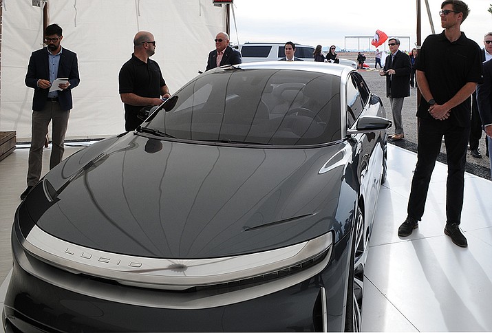 Shown is a Lucid Motors electric sedan in 2019. the Lucid Air is manufactured in a factory in Casa Grande. (Howard Fischer/Capitol Media Services)