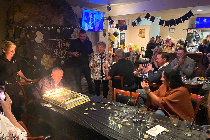 Williams councilman and longtime resident Bernie Hiemenz celebrated his 75th birthday Nov. 5 at Miss Kitty's Steakhouse. Hiemenz enjoyed food, drinks and cake with family and friends. (Wendy Howell/WGCN)