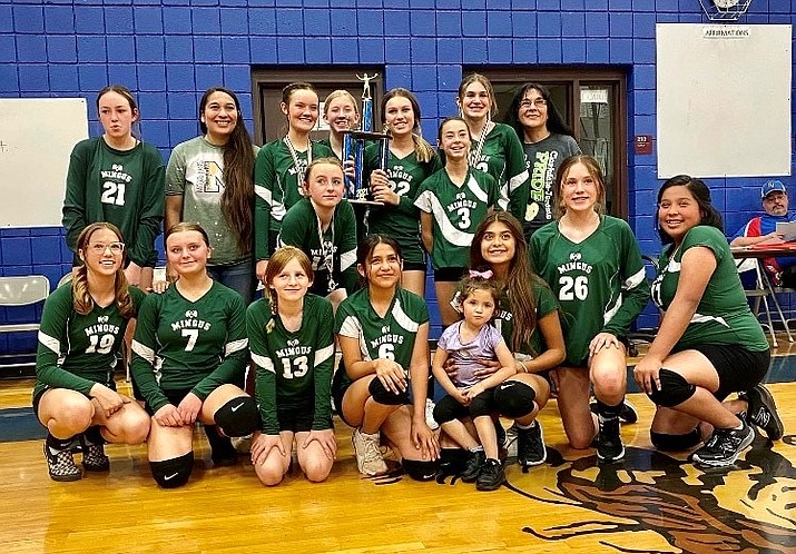 The Mingus Rams volleyball team (7th-8th grade) of the Clarkdale-Jerome School District pose for a photo after winning the Verde Valley League Championship on Saturday, Oct. 30, 2021. Mingus played Camp Verde for the title, defeating the Cowboys 3-0 (27-25, 25-21, 15-9). Taylin Backus was named tournament MVP, while Lana Booth and Rory Murphy were named to the all-tournament team. (Mingus/Courtesy)
