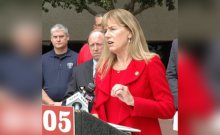 In this 2020 file photo, Yavapai County Attorney Sheila Polk speaks during a press conference. Polk told Yavapai County Supervisors Wednesday, Oct. 20, 2021, she has been dealing with backed up cases for more than a year. (Independent file photo)