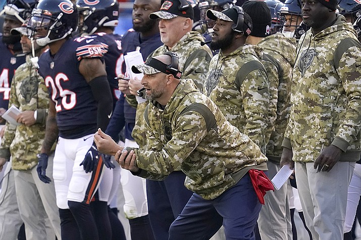 Chicago Bears head coach Matt Nagy watches his team from the sidelines during the second half of a game against the Baltimore Ravens Sunday, Nov. 21, 2021, in Chicago. (Nam Y. Huh/AP)
