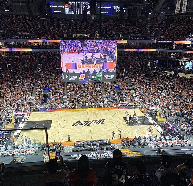 The court during Game 2 of the NBA Finals between the Phoenix Suns and the Milwaukee Bucks on Tuesday, June 8, 2021, at Talking Stick Resort Arena in Phoenix. (Aaron Valdez/Courier)