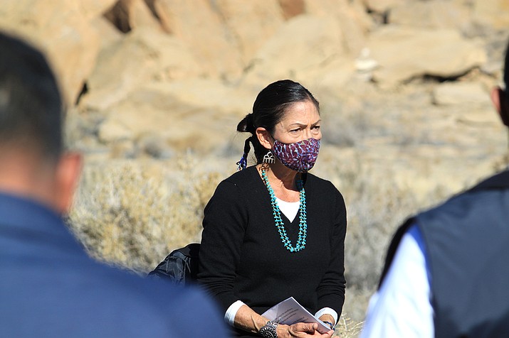 U.S. Interior Secretary Deb Haaland listens as Indigenous leaders talk about the need to protect areas beyond the boundaries of Chaco Culture National Historical Park in northwestern New Mexico Nov. 22. (AP Photo/Susan Montoya Bryan)