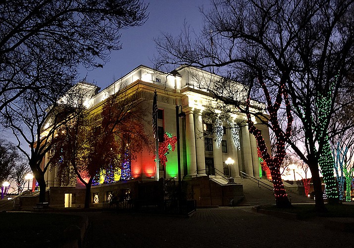 The Courthouse Lighting ceremony is set to return to downtown Prescott this Saturday, Dec. 4, after being canceled last year because of the COVID-19 pandemic. A trial run of the new Christmas decorations and lights was conducted Tuesday night, Nov. 30, 2021. (Cindy Barks/Courier)